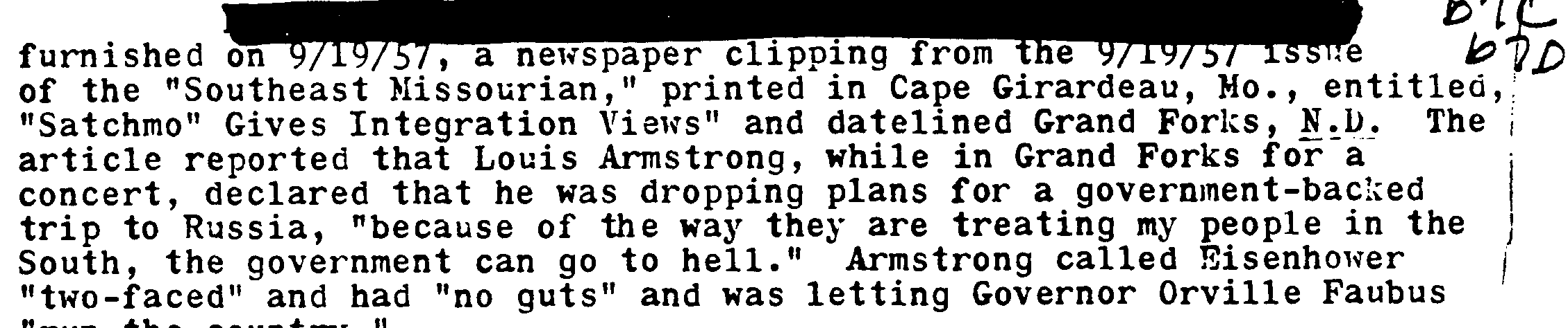 FBI quotes Armstrong as saying Eisenhower can go to hell